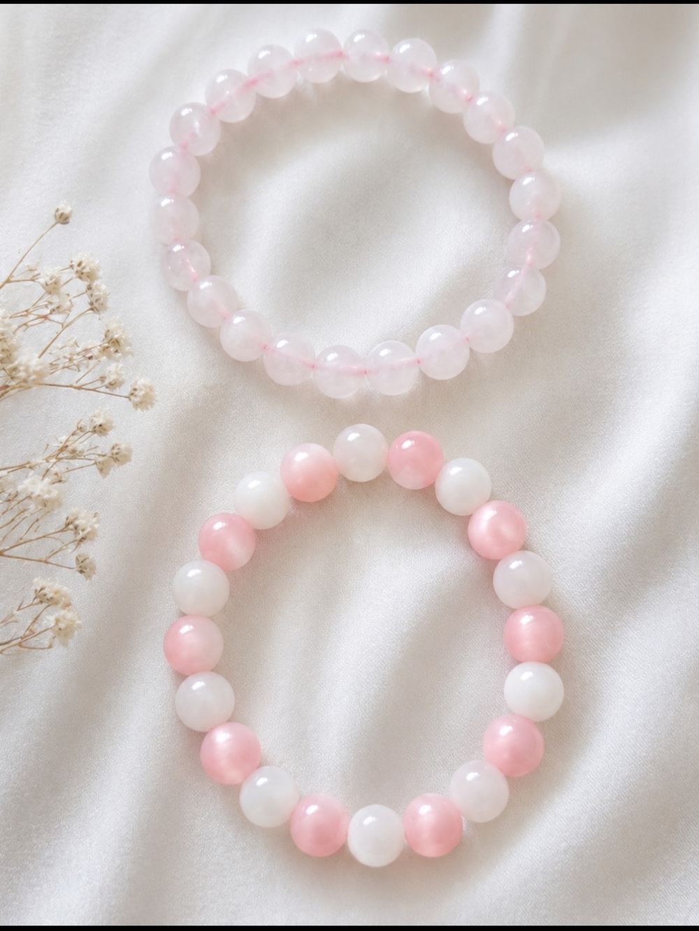 Delicate Pink & White Beaded Bracelet Set